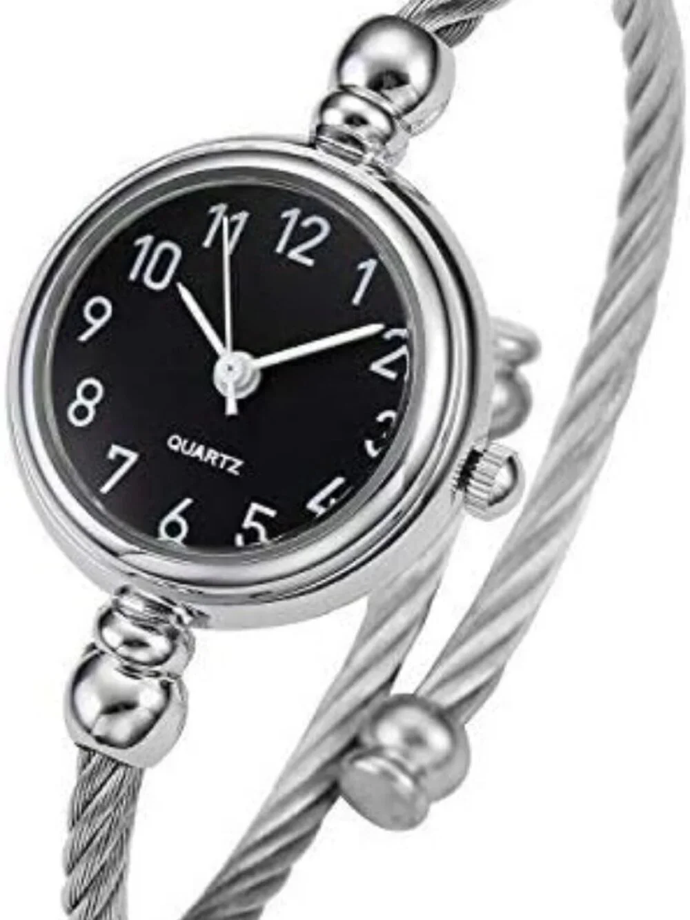 Women's Silver Black Analog Stainless Steel Arabic Numerals Wrist Bracelet Watch